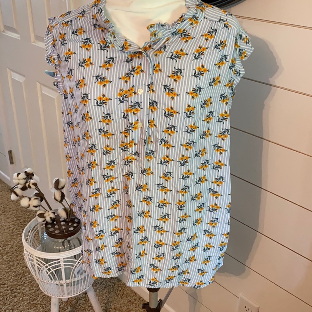 Loft | Blue & White Stripe Floral Ruffle Tank XL